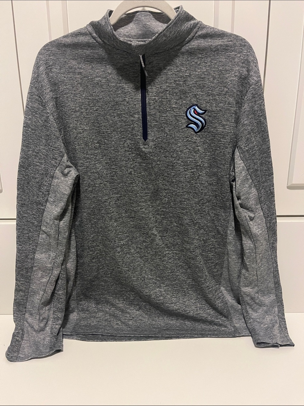 NHL Seattle Kraken Gray Striped 1/4 Zip Pullover with Navy Trim